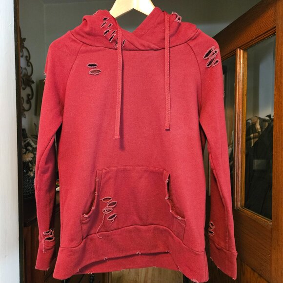 Chelsea DeBoer by Lily & Lottie Distressed Hooded Sweatshirt- Maroon- Size S - Picture 2 of 8